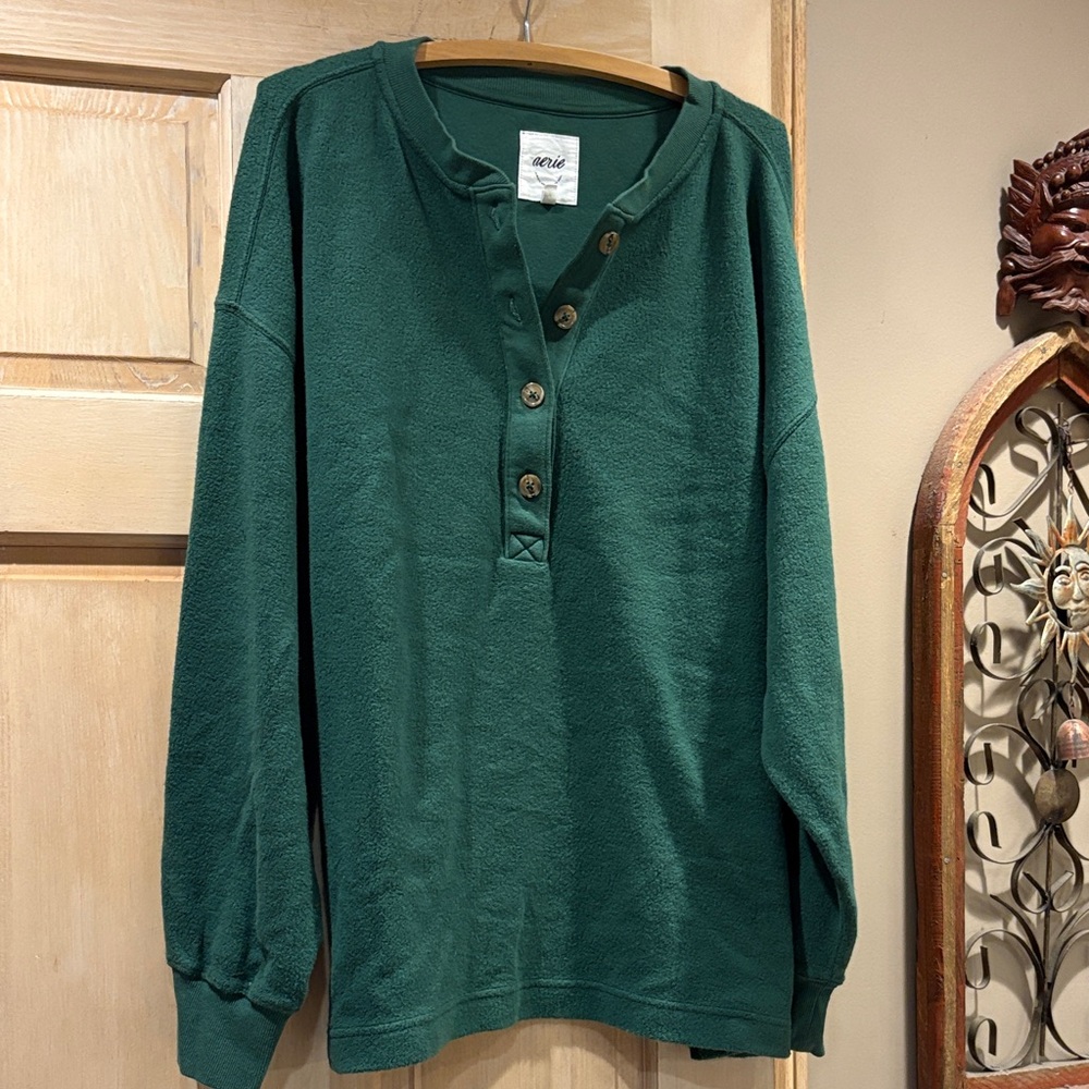 Aerie Sherpa Henley Forest Green Sweatshirt Size XL